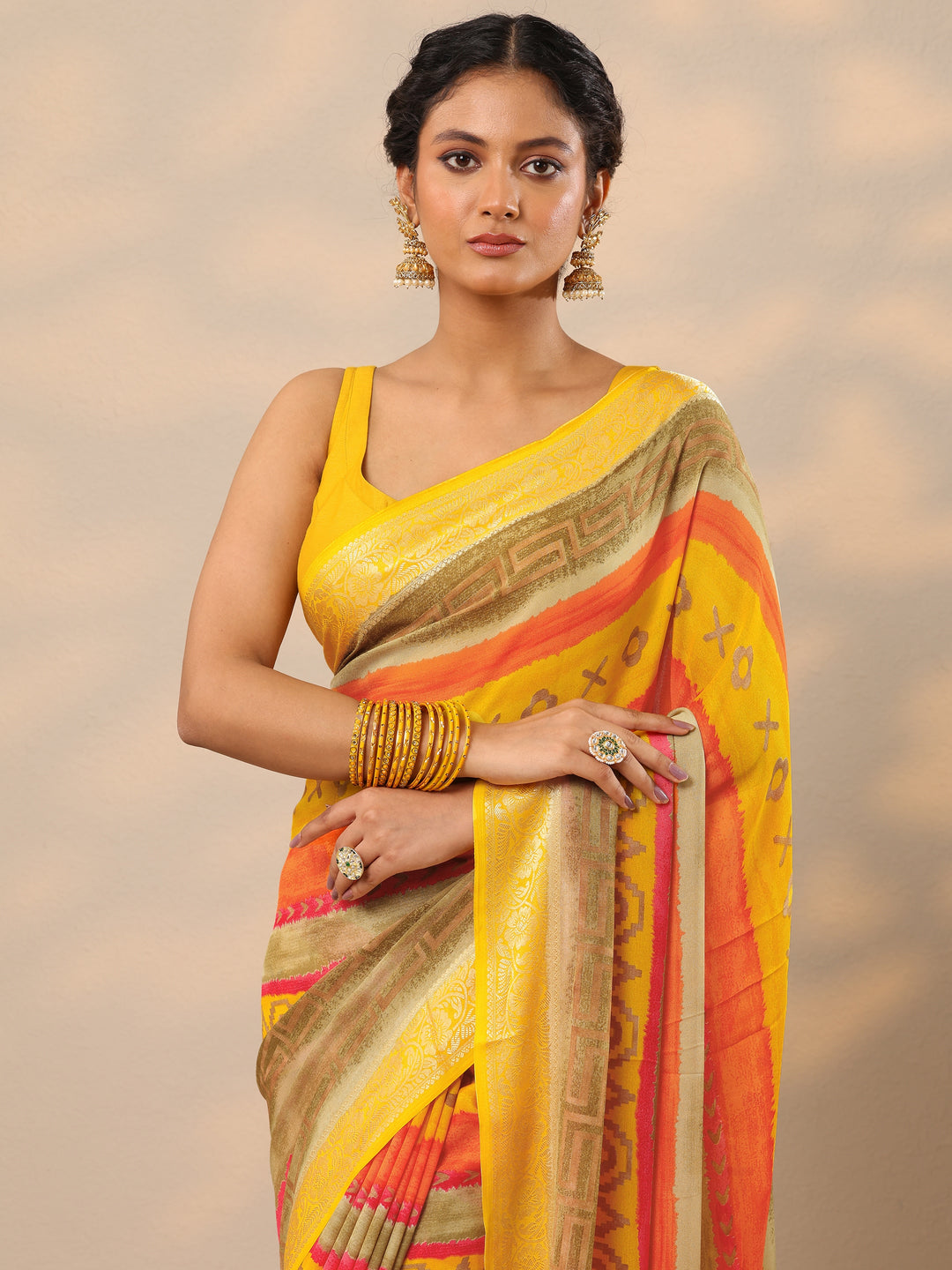  Multi Ikat Printed Georgette Saree With Unstitched Blouse Piece 
