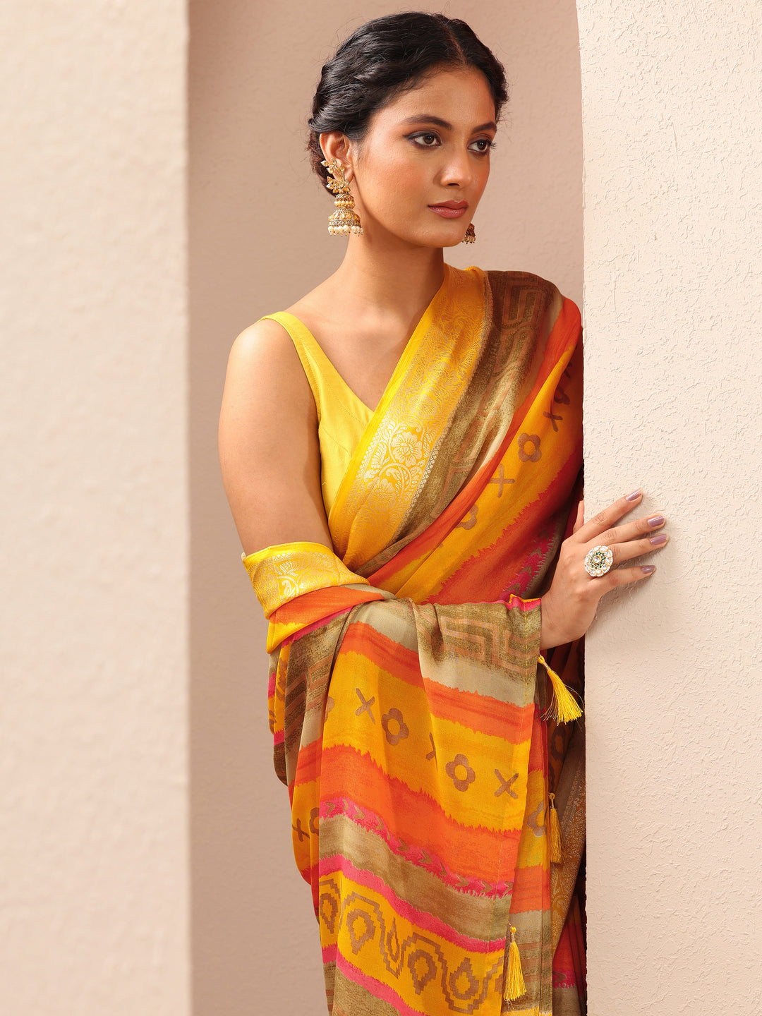  Multi Ikat Printed Georgette Saree With Unstitched Blouse Piece 