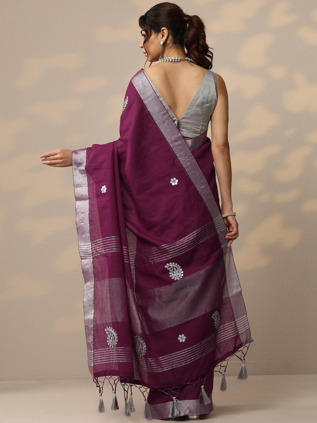  Burgundy Embroidered Cotton Blend Sarees With Unstitched Blouse Piece 