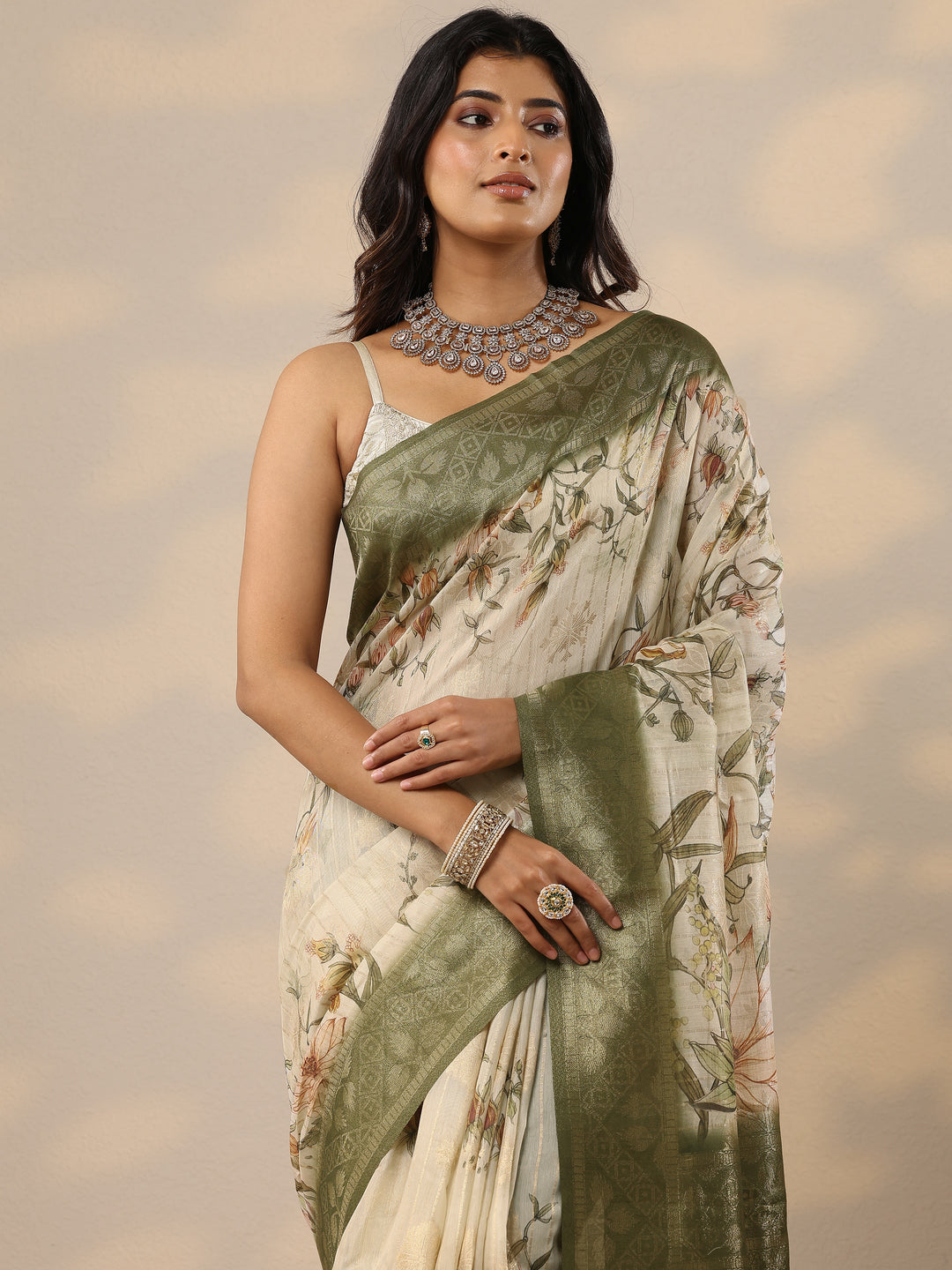  Green Printed Cotton Blend Sarees With Unstitched Blouse Piece 
