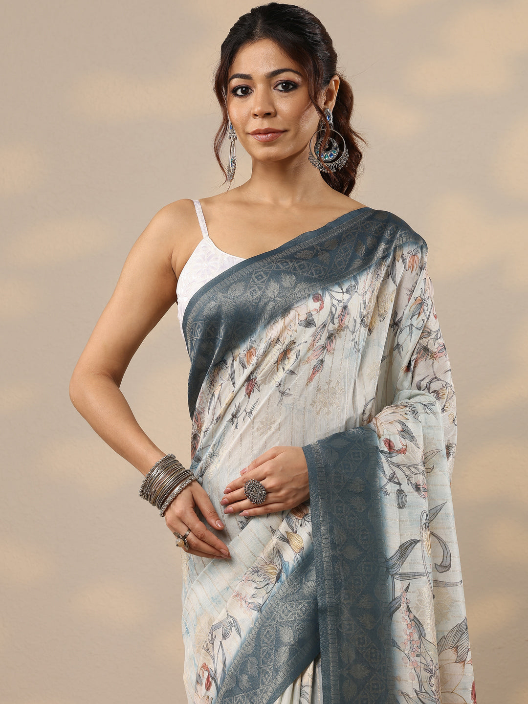  Blue Printed Cotton Blend Sarees With Unstitched Blouse Piece 