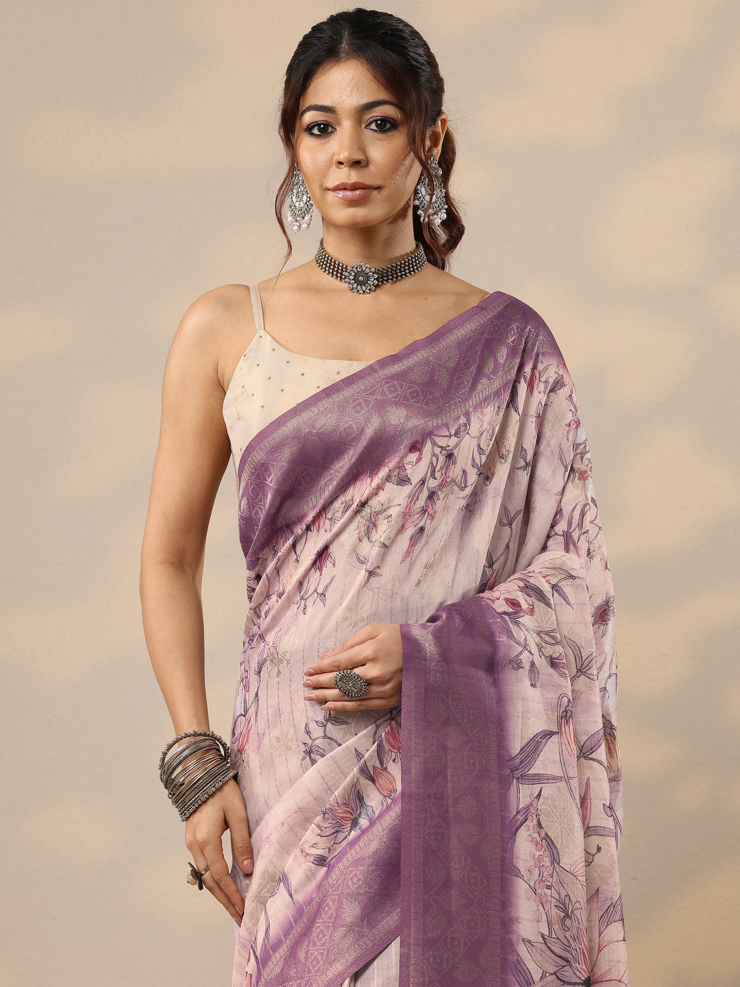Purple Printed Cotton Blend Sarees With Unstitched Blouse Piece