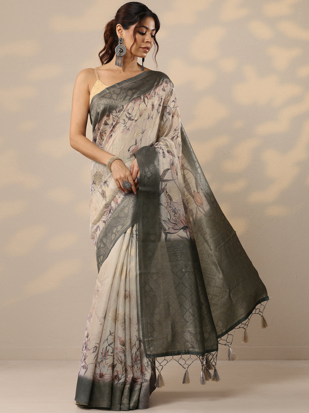  Grey Printed Cotton Blend Sarees With Unstitched Blouse Piece 