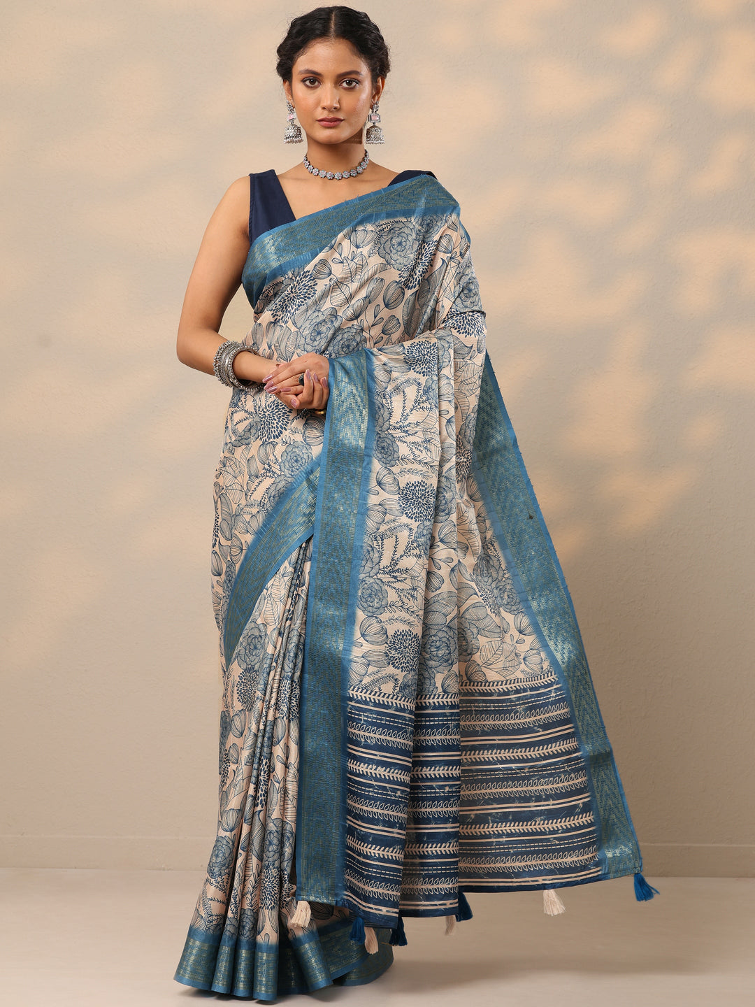  Blue Printed Silk blend Saree With Unstitched Blouse Piece 