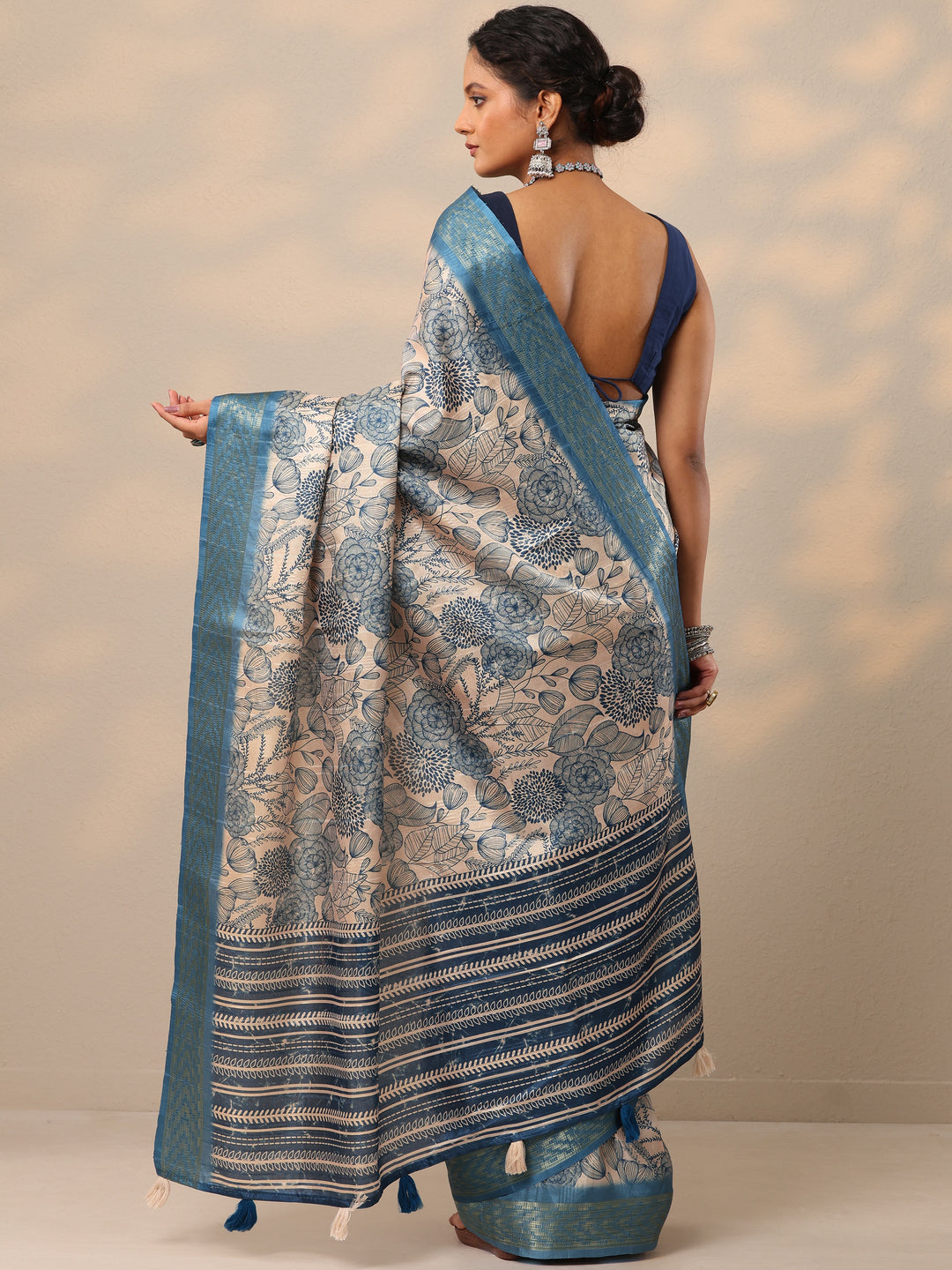  Blue Printed Silk blend Saree With Unstitched Blouse Piece 