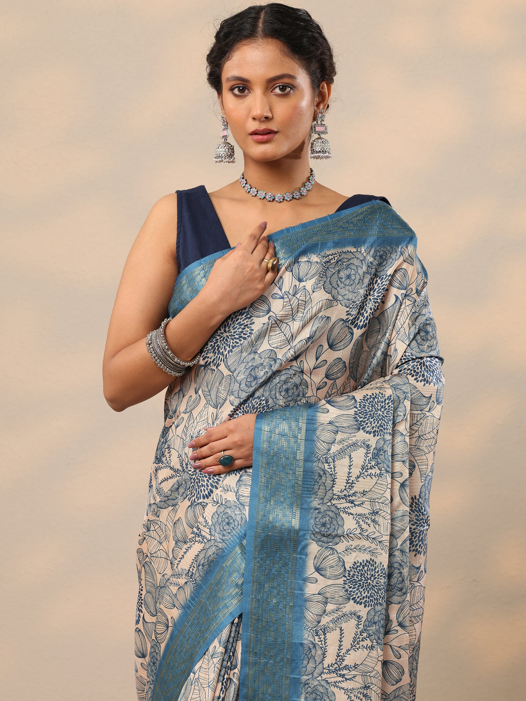  Blue Printed Silk blend Saree With Unstitched Blouse Piece 