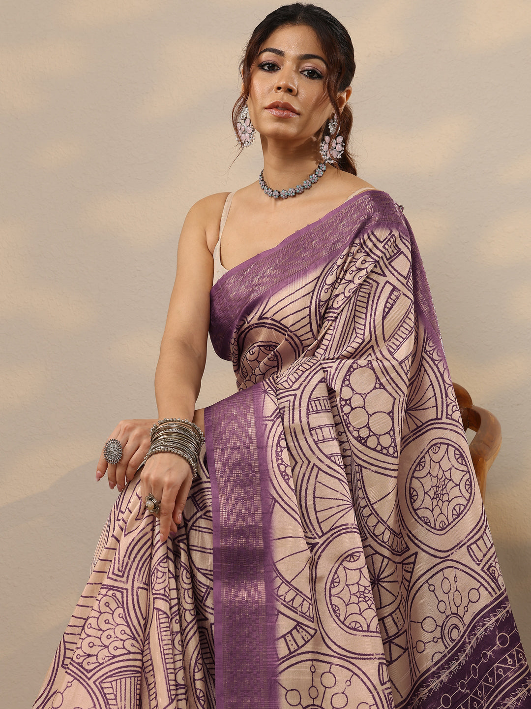  Purple Printed Silk Blend Sarees With Unstitched Blouse Piece 