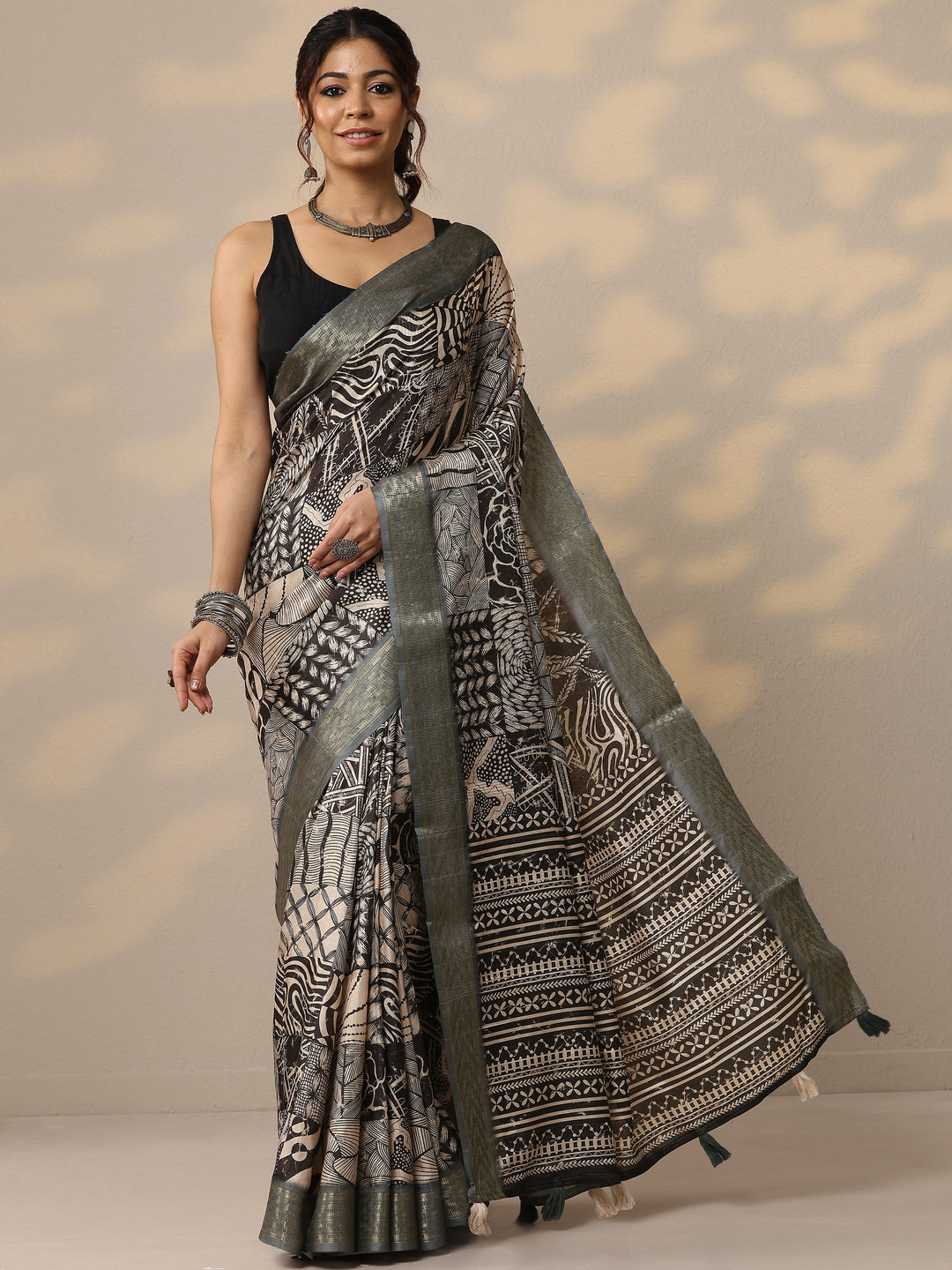 Grey Printed Silk Blend Sarees With Unstitched Blouse Piece 