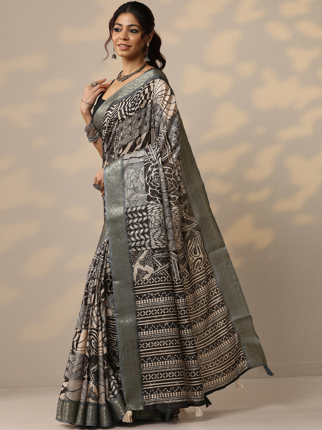  Grey Printed Silk Blend Sarees With Unstitched Blouse Piece 