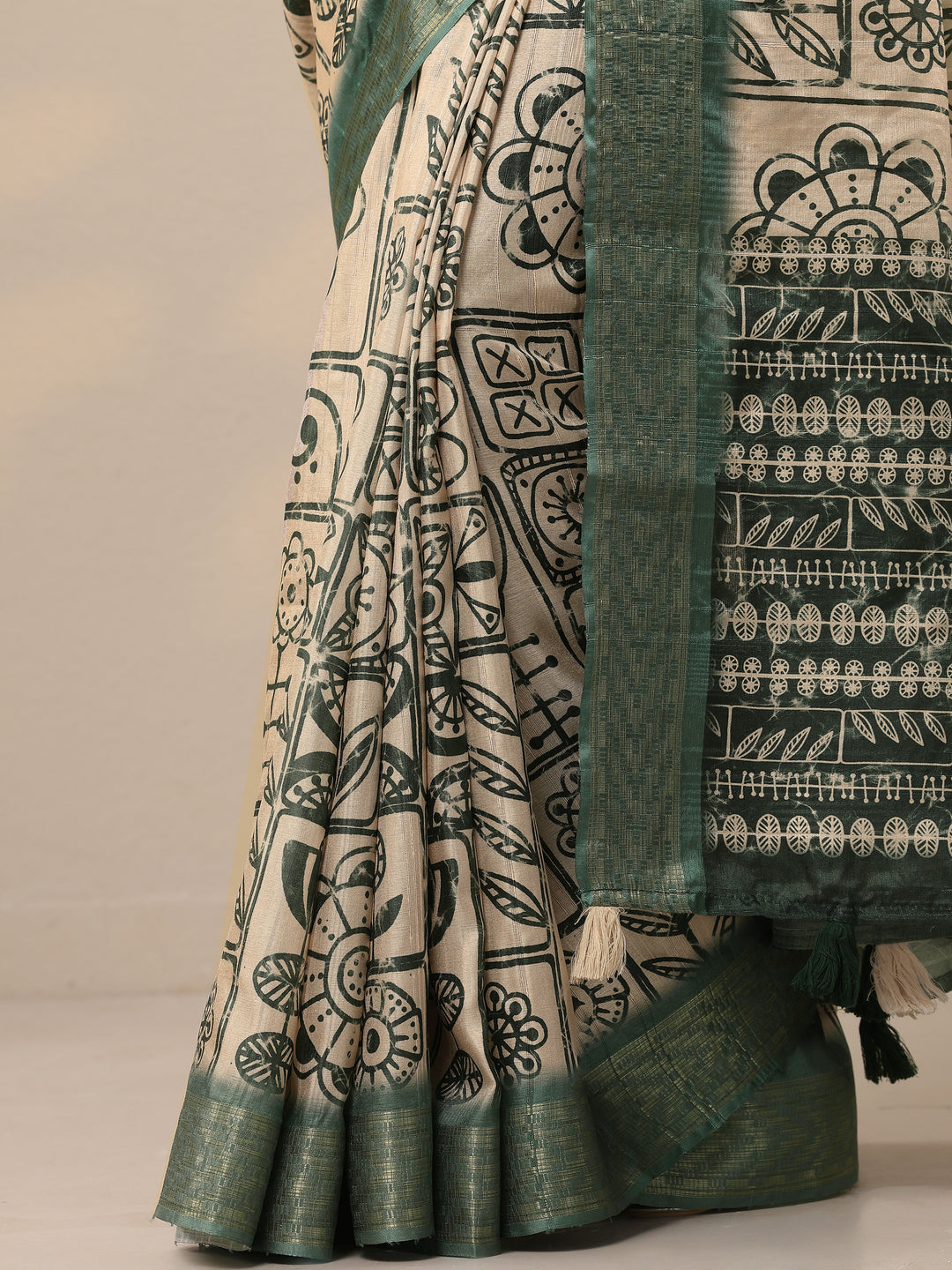  Green Printed Silk Blend Sarees With Unstitched Blouse Piece 