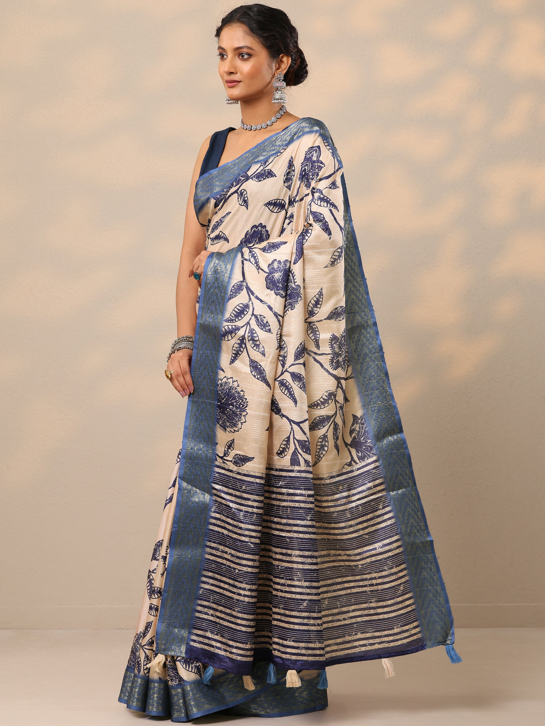  Blue Printed Silk Blend Saree With Unstitched Blouse Piece 