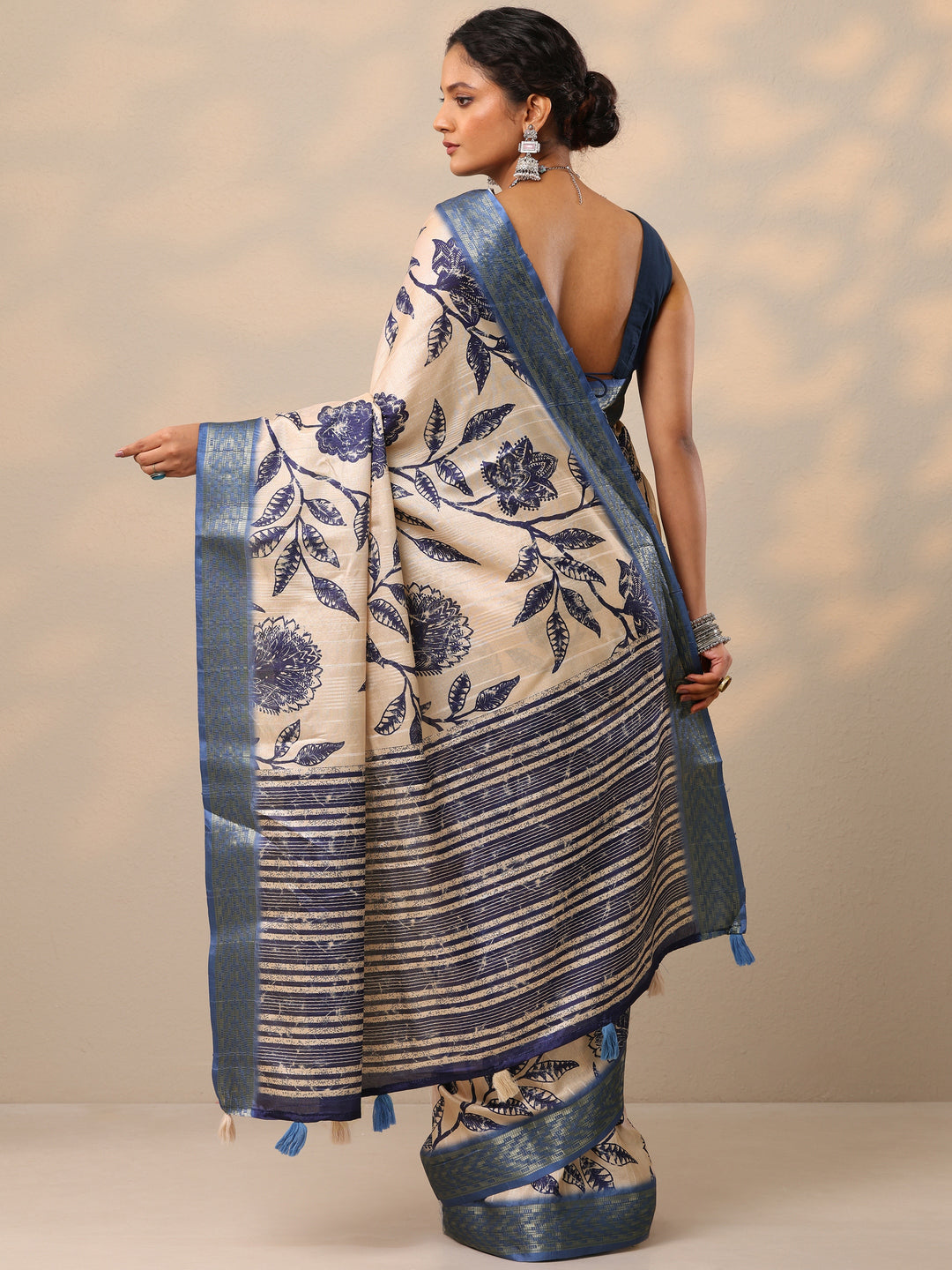  Blue Printed Silk Blend Saree With Unstitched Blouse Piece 
