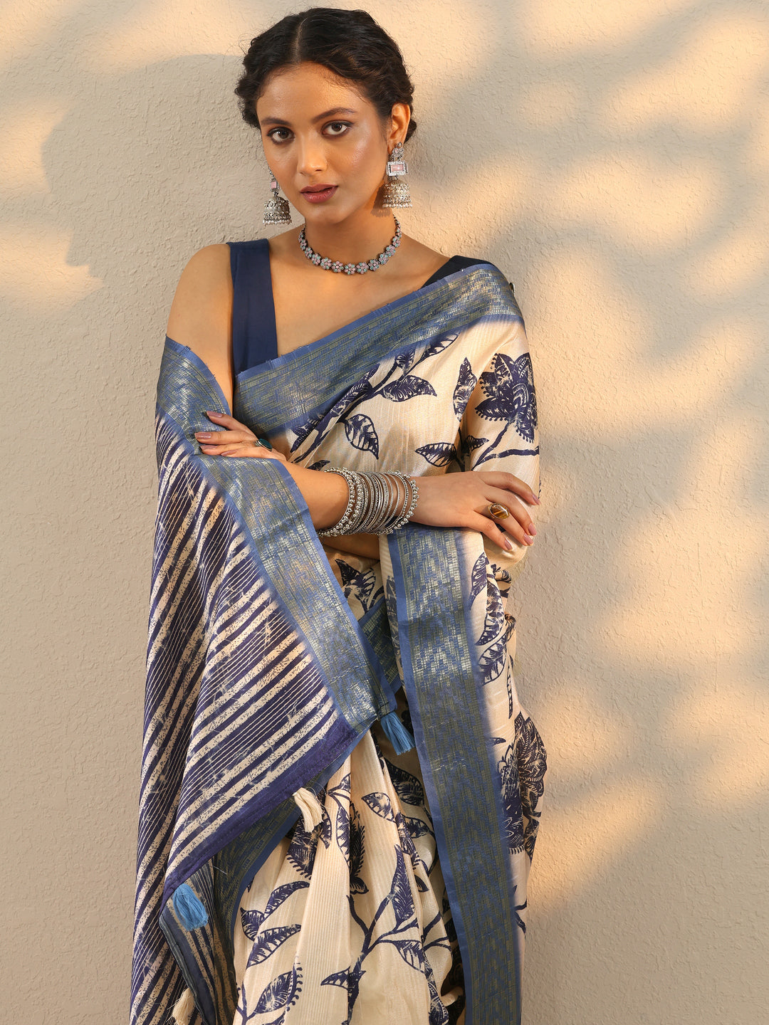  Blue Printed Silk Blend Saree With Unstitched Blouse Piece 