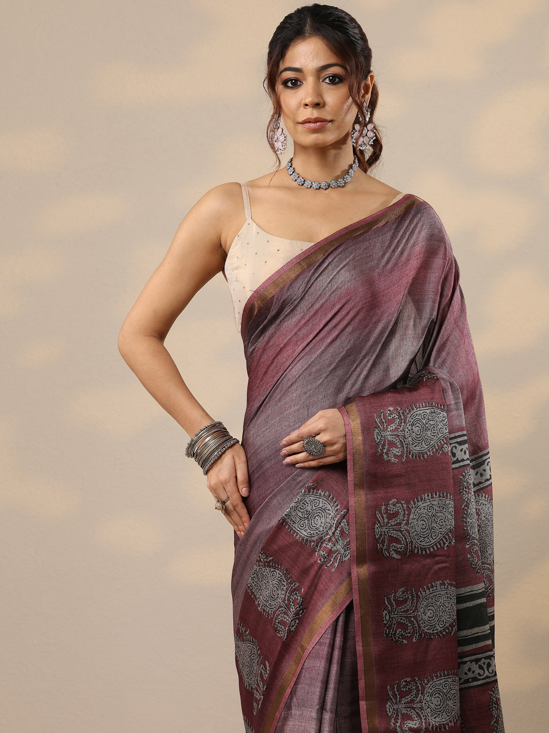  Burgundy Printed Cotton Blend Sarees With Unstitched Blouse Piece 