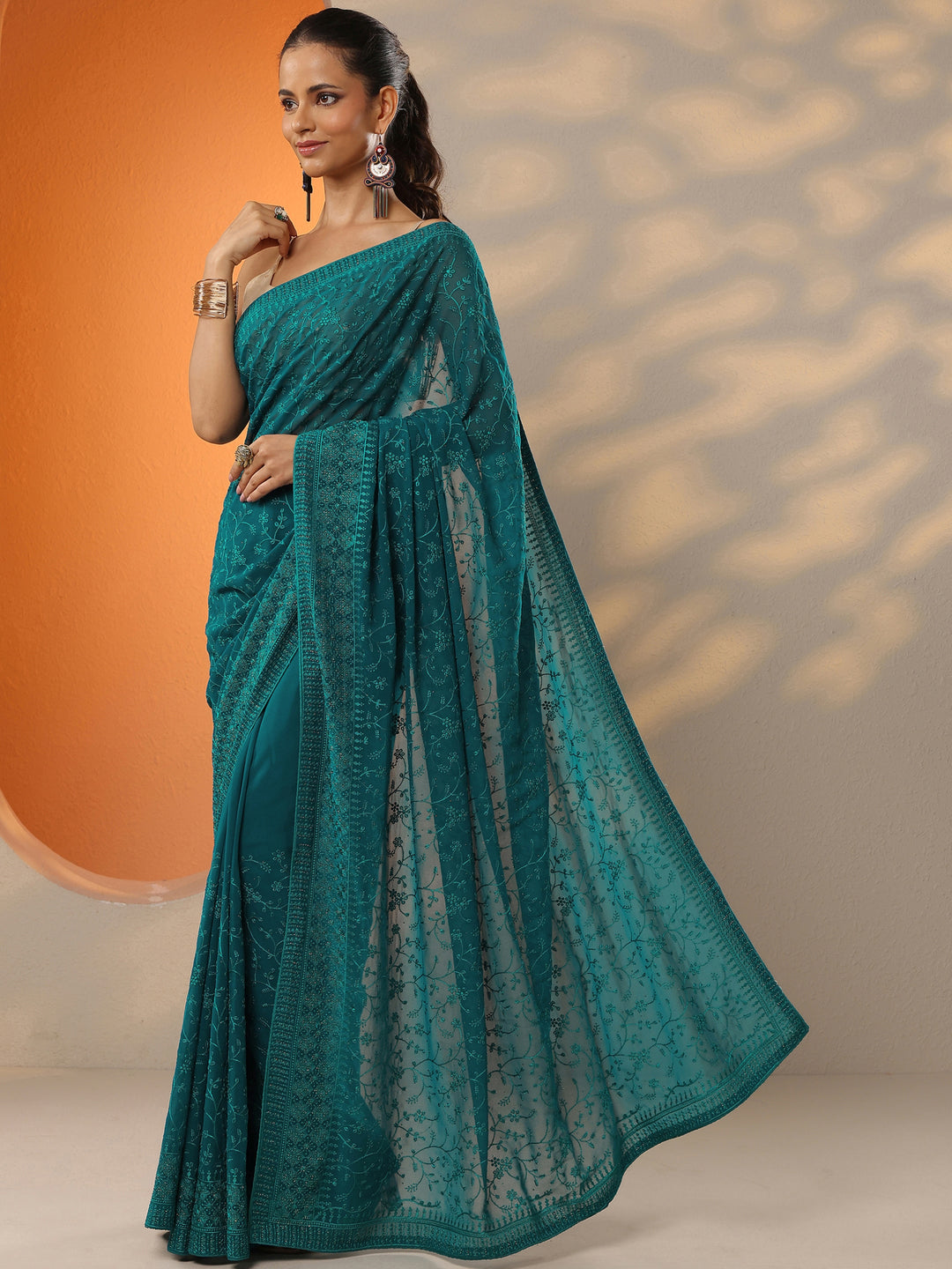  Blue Embroidered Georgette Saree With Unstitched Blouse Piece 