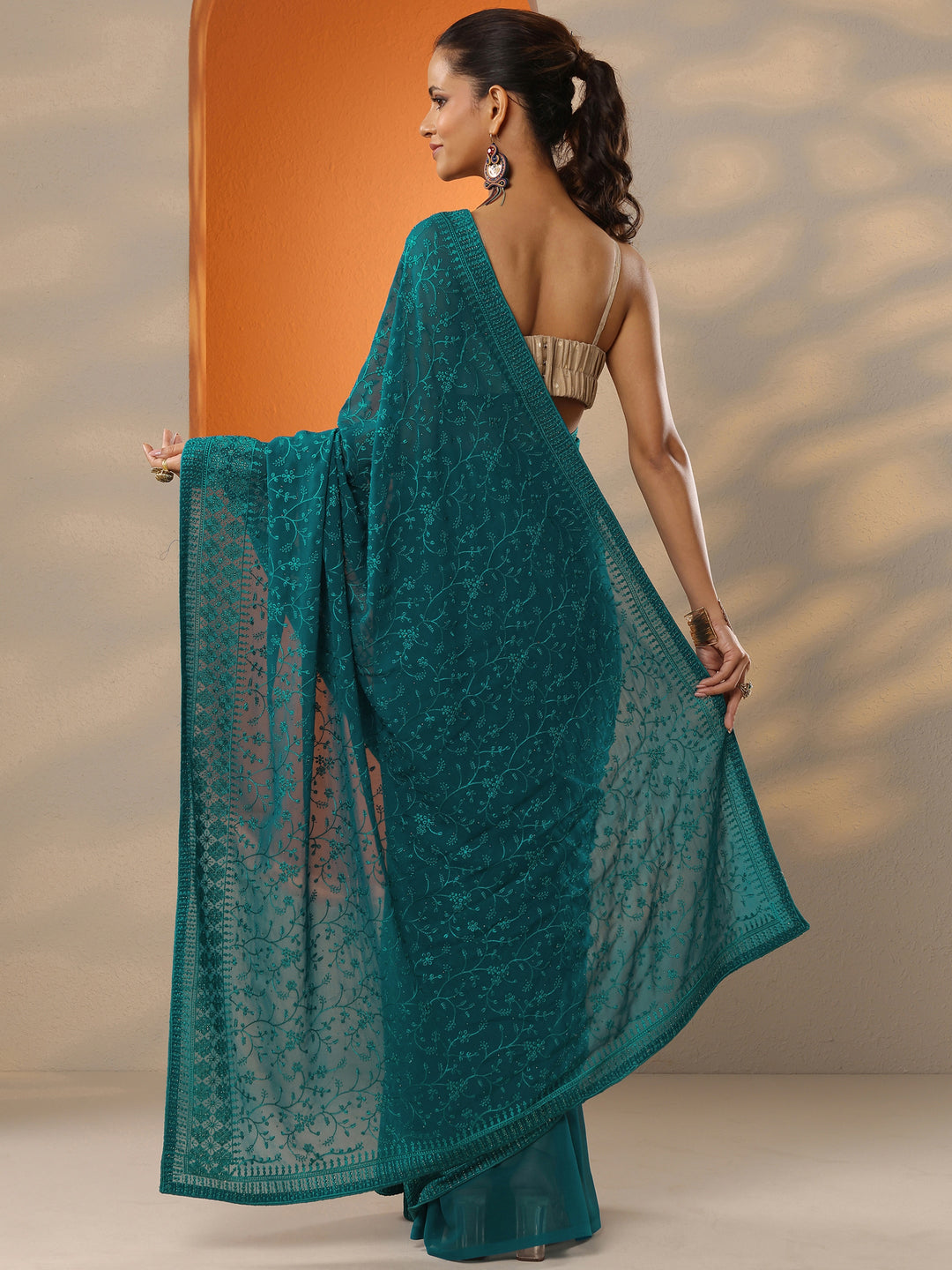  Blue Embroidered Georgette Saree With Unstitched Blouse Piece 