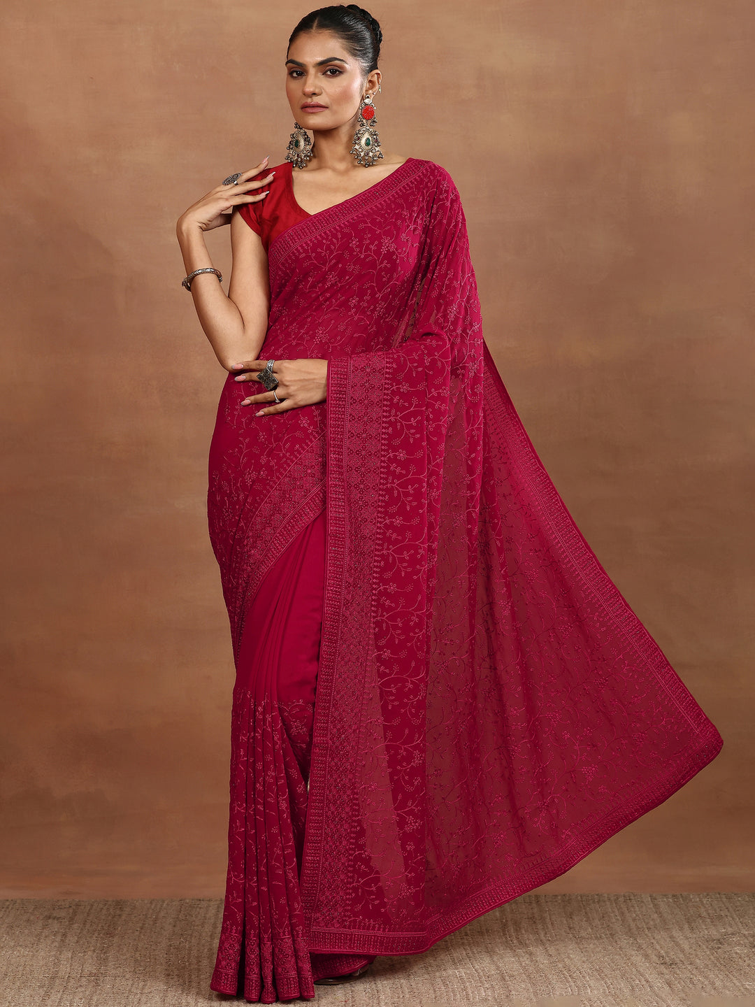  Red Embroidered Georgette Sarees With Unstitched Blouse Piece 