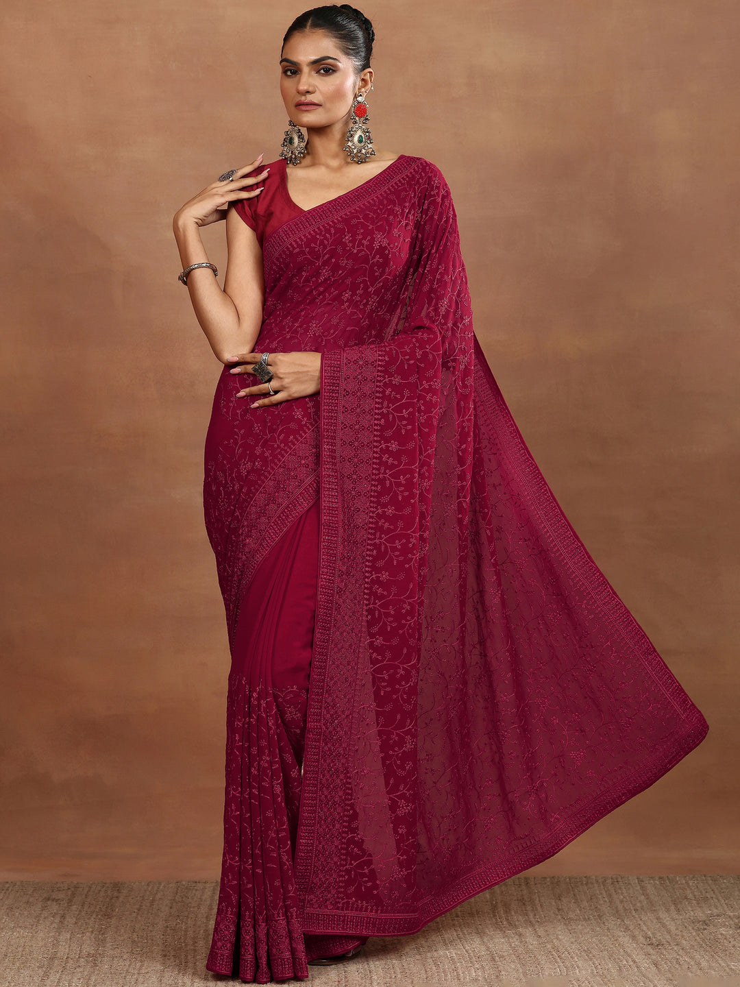  Red Embroidered Georgette Sarees With Unstitched Blouse Piece 