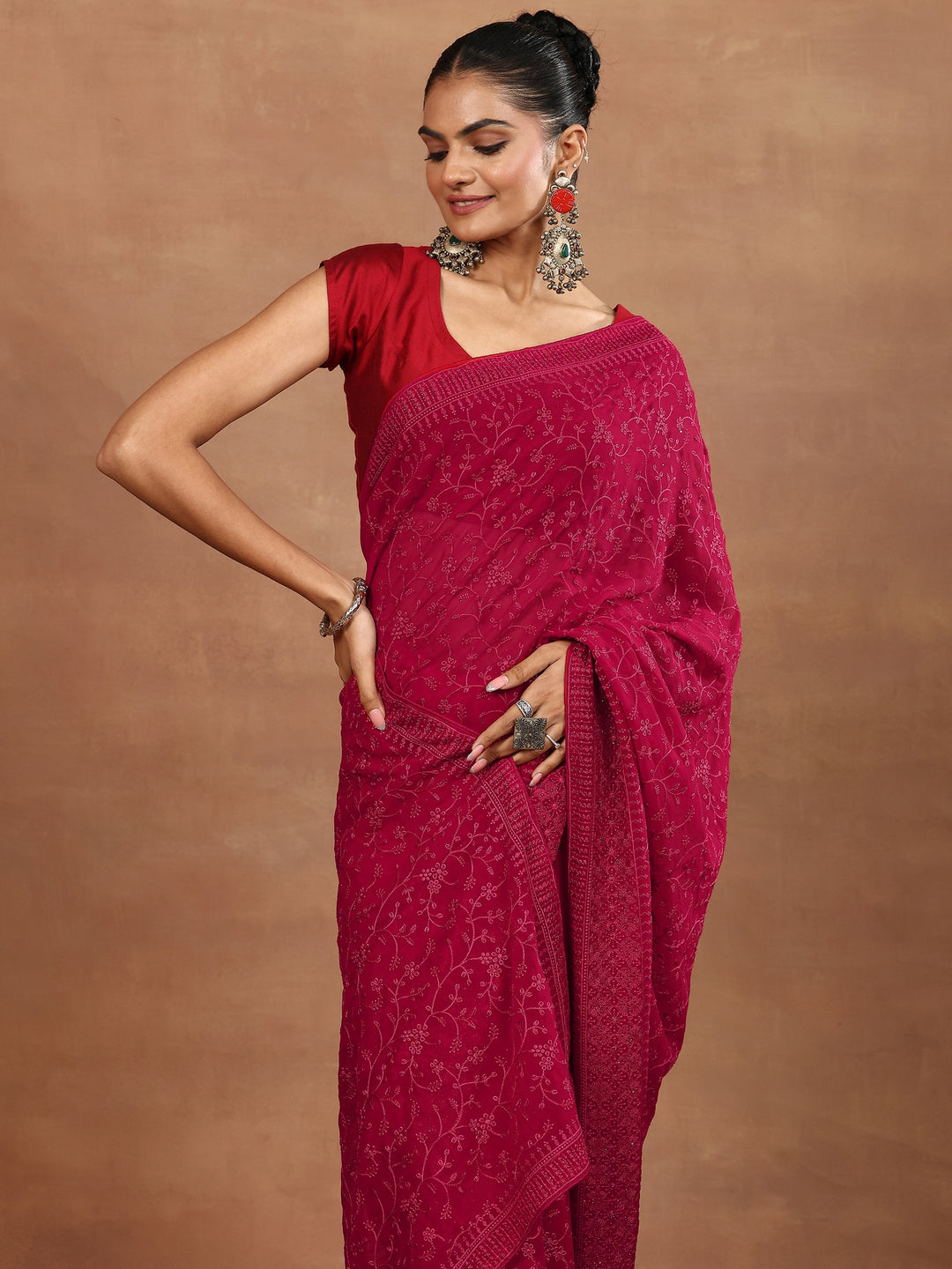 Red Embroidered Georgette Sarees With Unstitched Blouse Piece