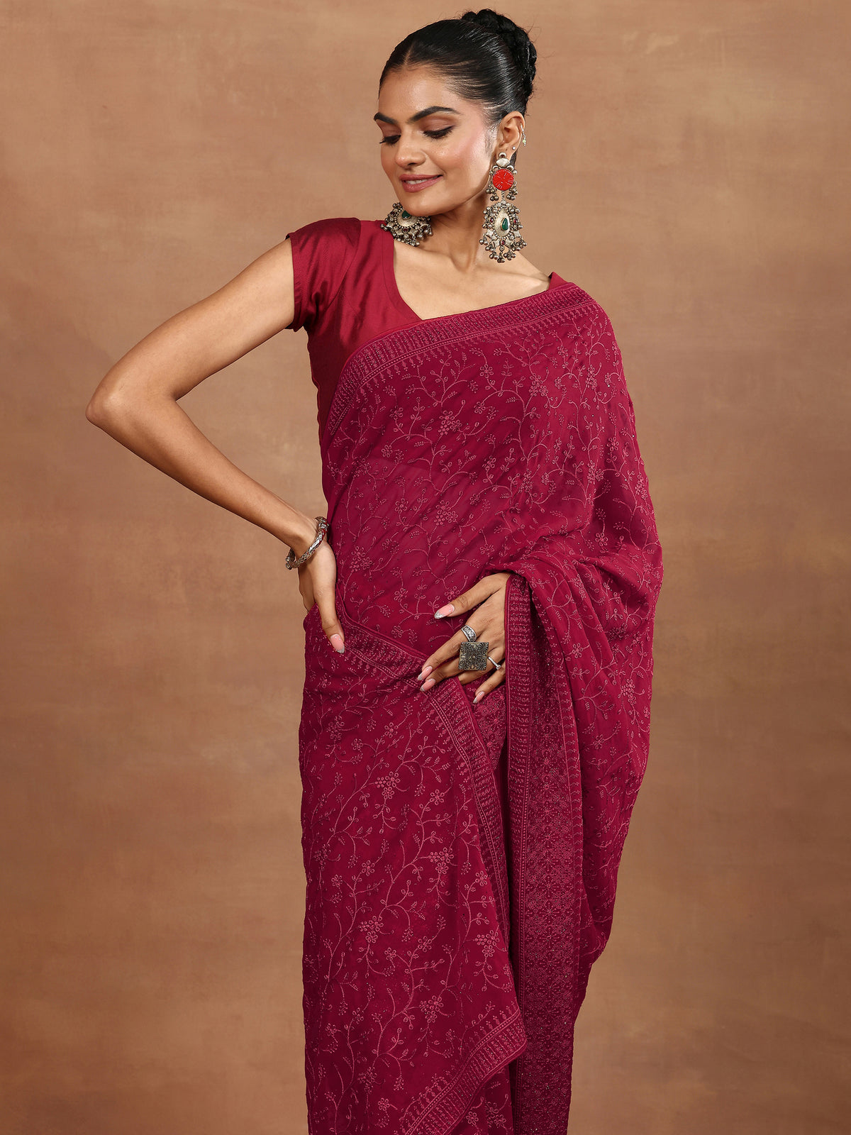 Red Solid Cotton Saree With Unstitched Blouse Piece