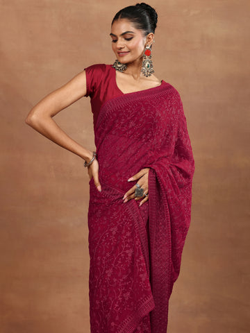 Red Embroidered Georgette Sarees With Unstitched Blouse Piece