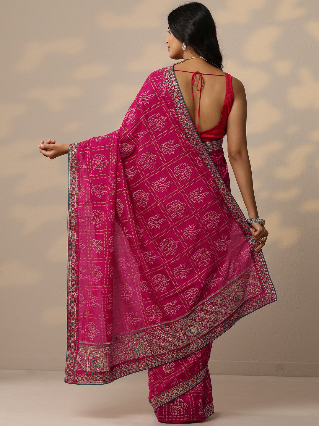  Pink Bandhani Printed Silk Blend Sarees With Unstitched Blouse Piece 