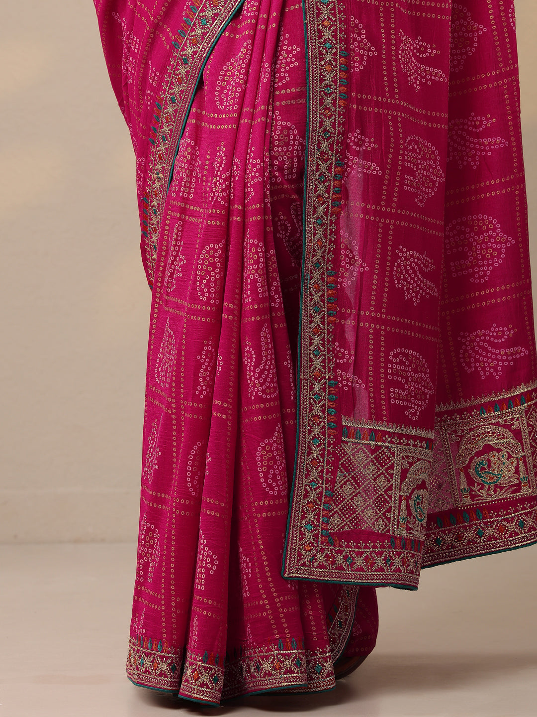  Pink Bandhani Printed Silk Blend Sarees With Unstitched Blouse Piece 