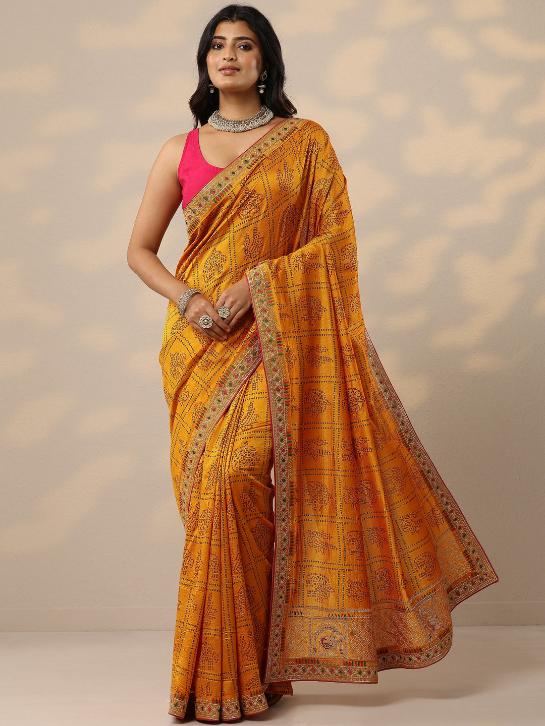 Mustard Bandhani Printed Silk Blend Sarees With Unstitched Blouse Piece