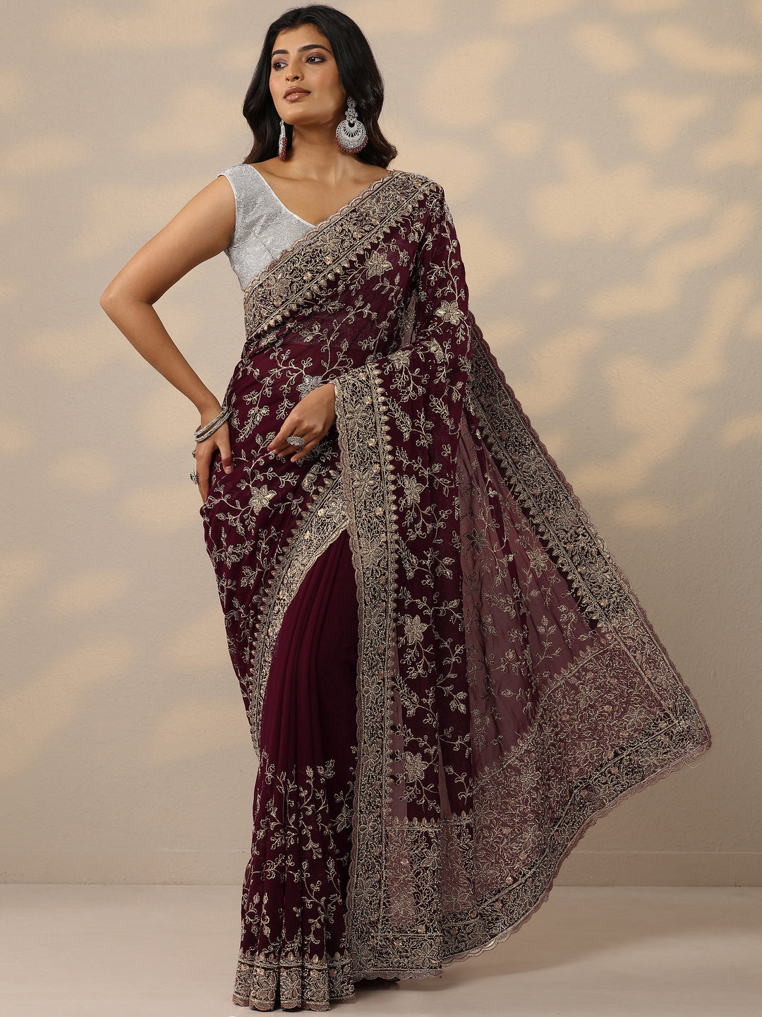  Maroon Embellished Georgette Sarees With Unstitched Blouse Piece 