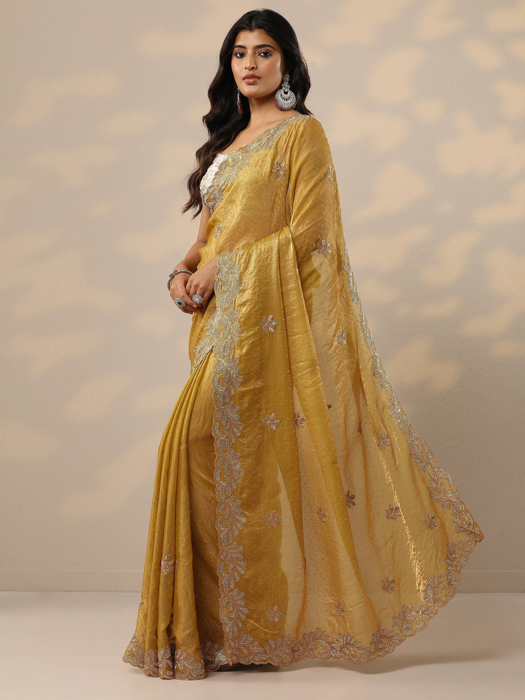  Mustard Embellished Organza Sarees With Unstitched Blouse Piece 