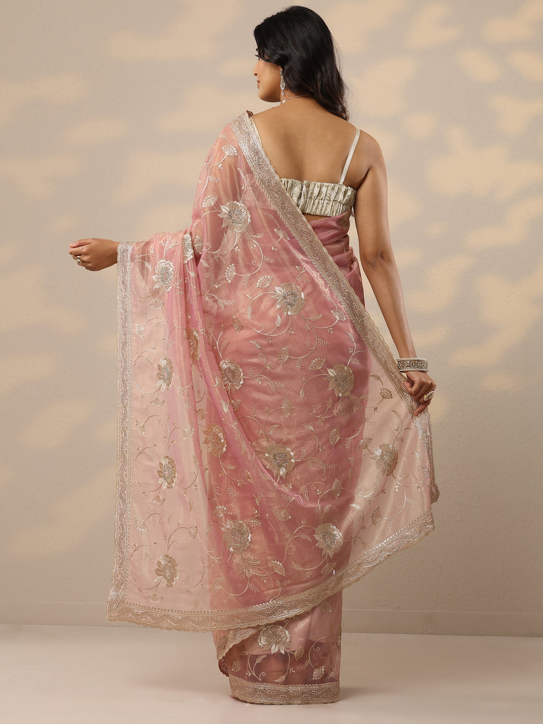  Pink Embroidered Nylon Sarees With Unstitched Blouse Piece 