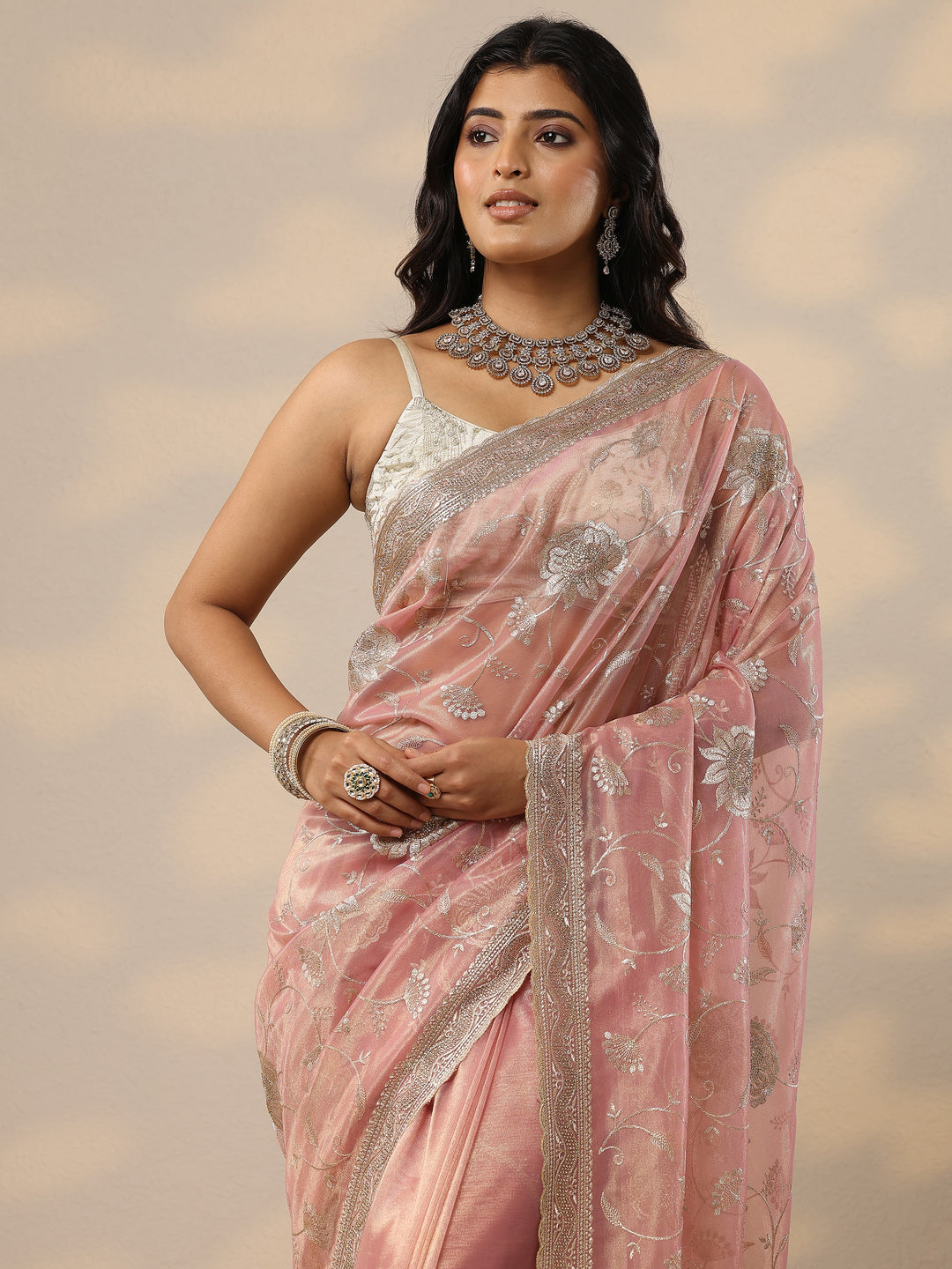  Pink Embroidered Nylon Sarees With Unstitched Blouse Piece 