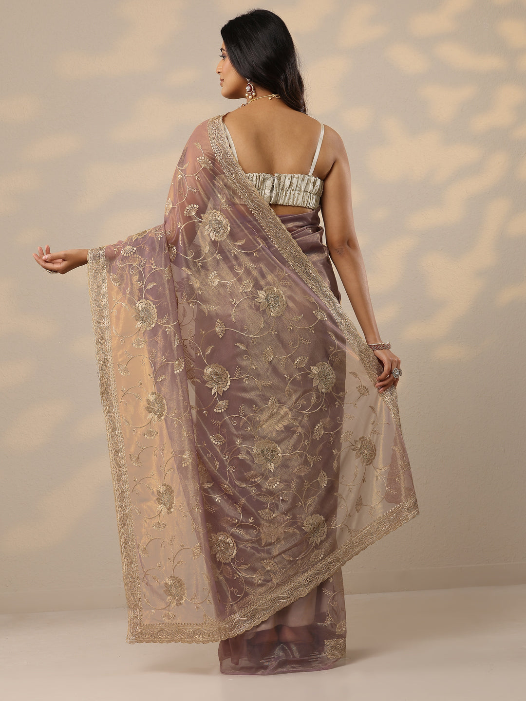  Mauve Embroidered Nylon Sarees With Unstitched Blouse Piece 