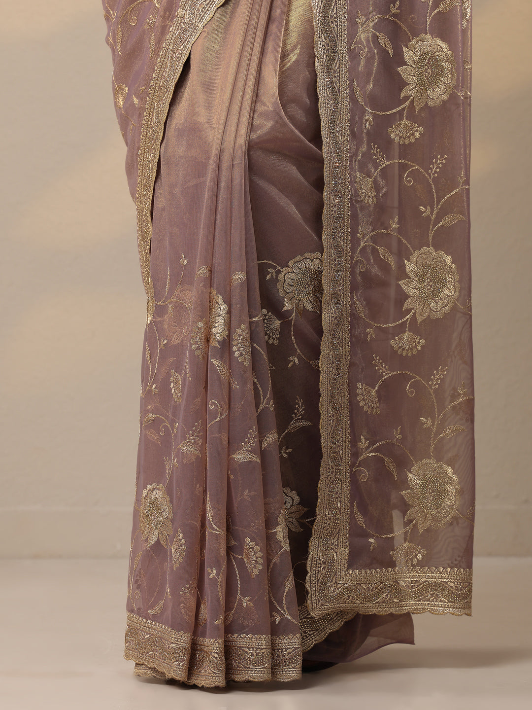  Mauve Embroidered Nylon Sarees With Unstitched Blouse Piece 