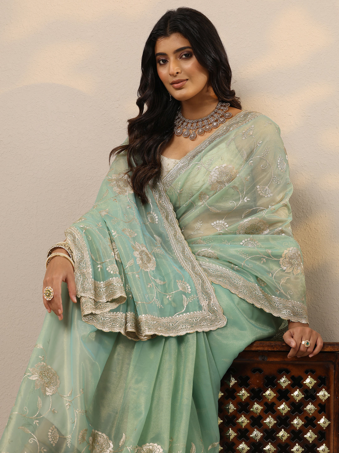 Green Embroidered Nylon Sarees With Unstitched Blouse Piece