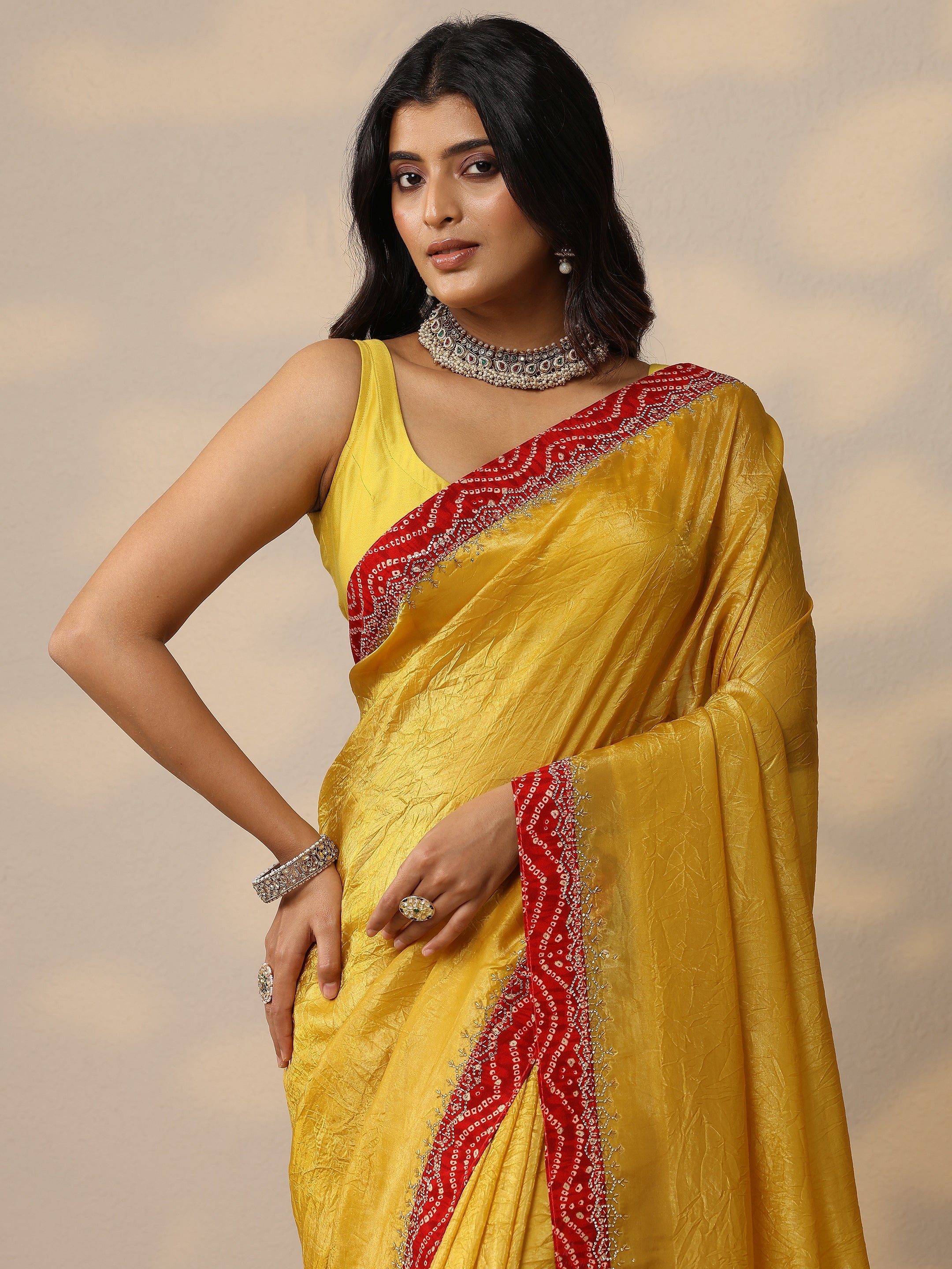 Yellow Embellished Organza Sarees With Unstitched Blouse Piece-image-32