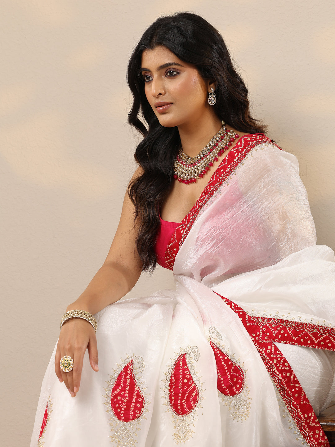  Cream Embellished Organza Sarees With Unstitched Blouse Piece 