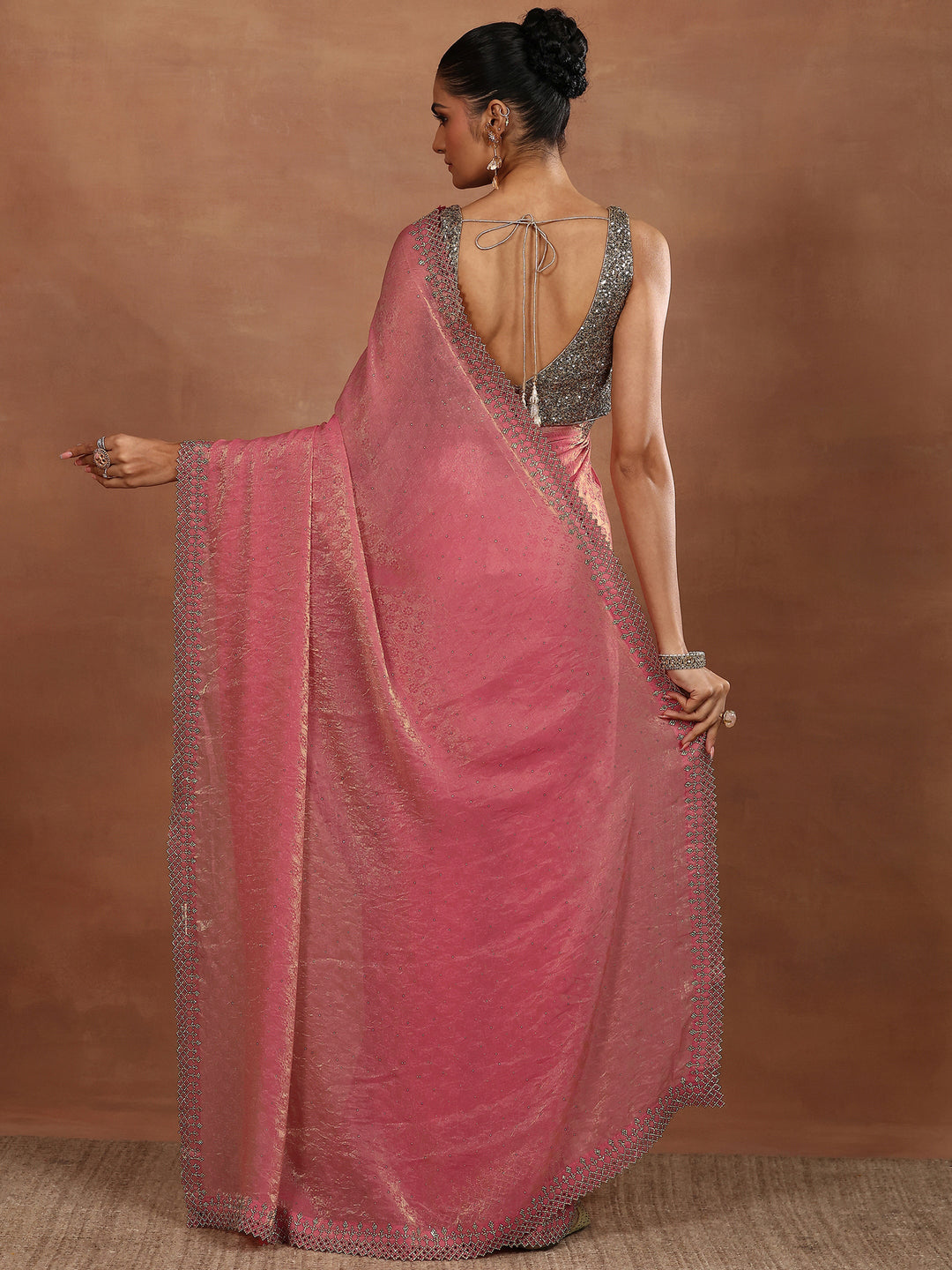 Coral Embellished Chiffon Sarees With Unstitched Blouse Piece 