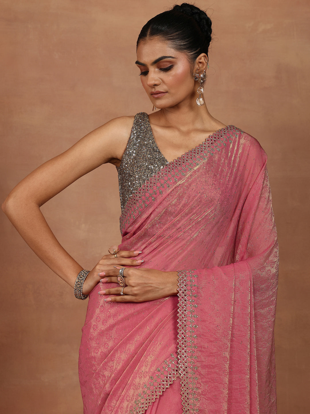  Coral Embellished Chiffon Sarees With Unstitched Blouse Piece 