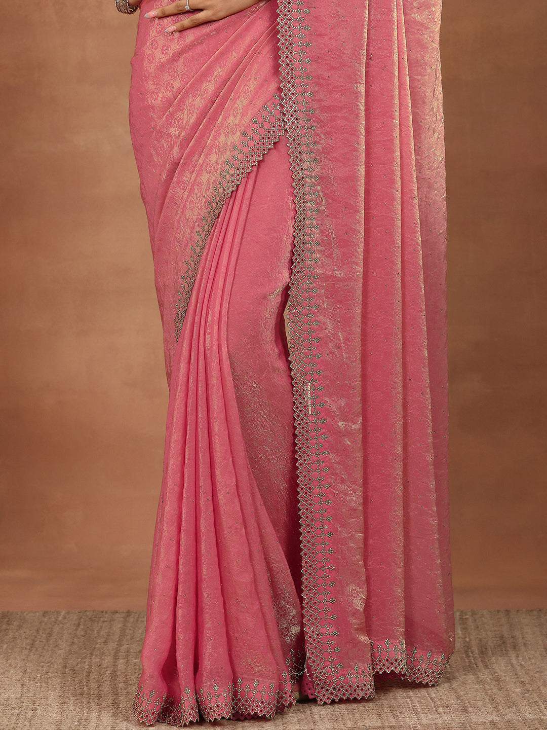  Coral Embellished Chiffon Sarees With Unstitched Blouse Piece 