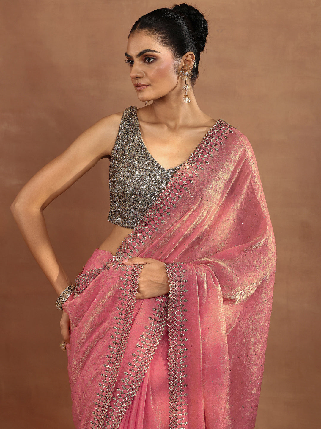 Coral Embellished Chiffon Sarees With Unstitched Blouse Piece