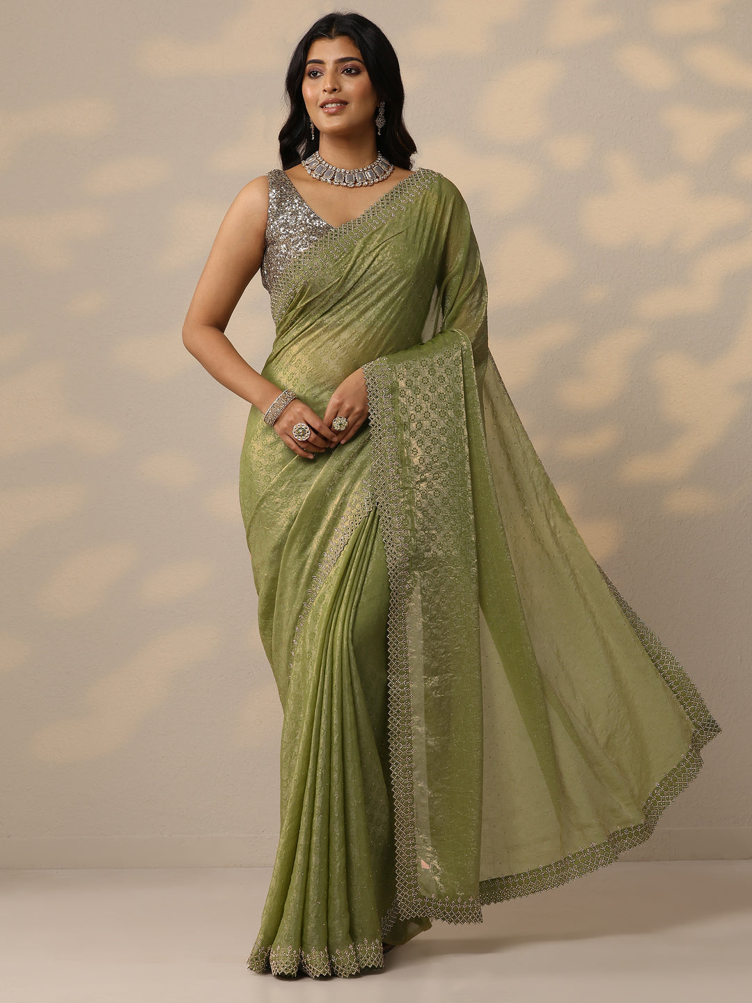  Green Embellished Chiffon Sarees With Unstitched Blouse Piece 
