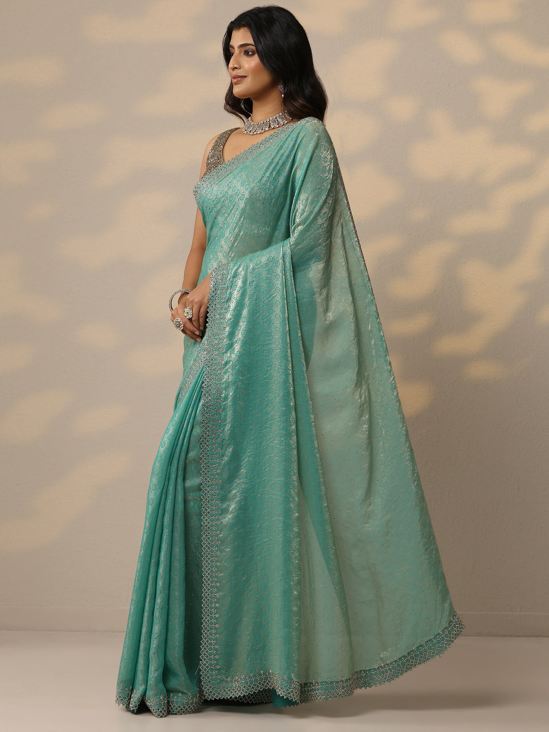  Green Embellished Chiffon Sarees With Unstitched Blouse Piece 
