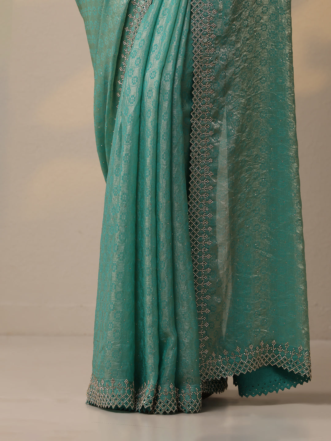  Green Embellished Chiffon Sarees With Unstitched Blouse Piece 