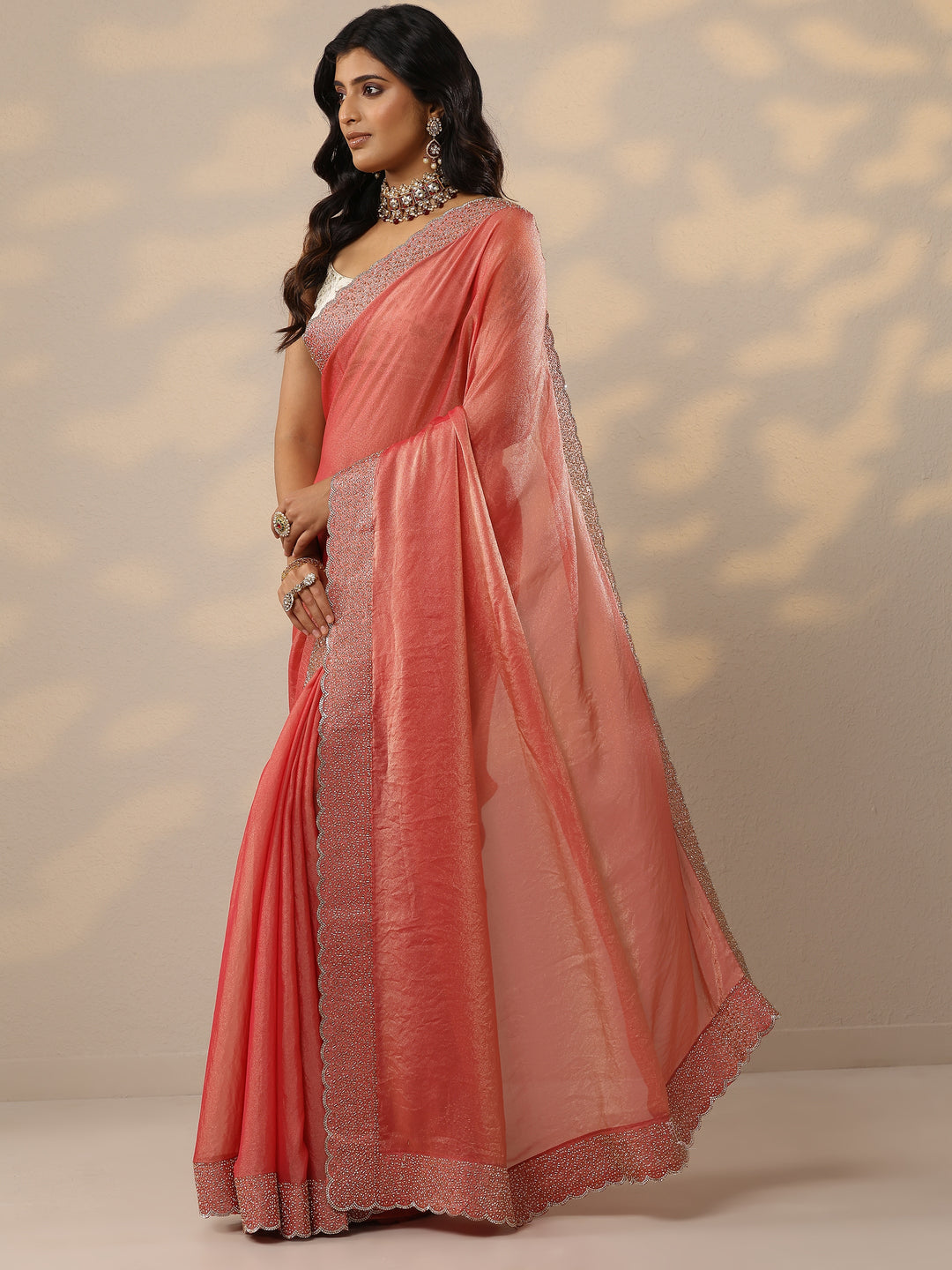  Coral Embellished Organza Sarees With Unstitched Blouse Piece 