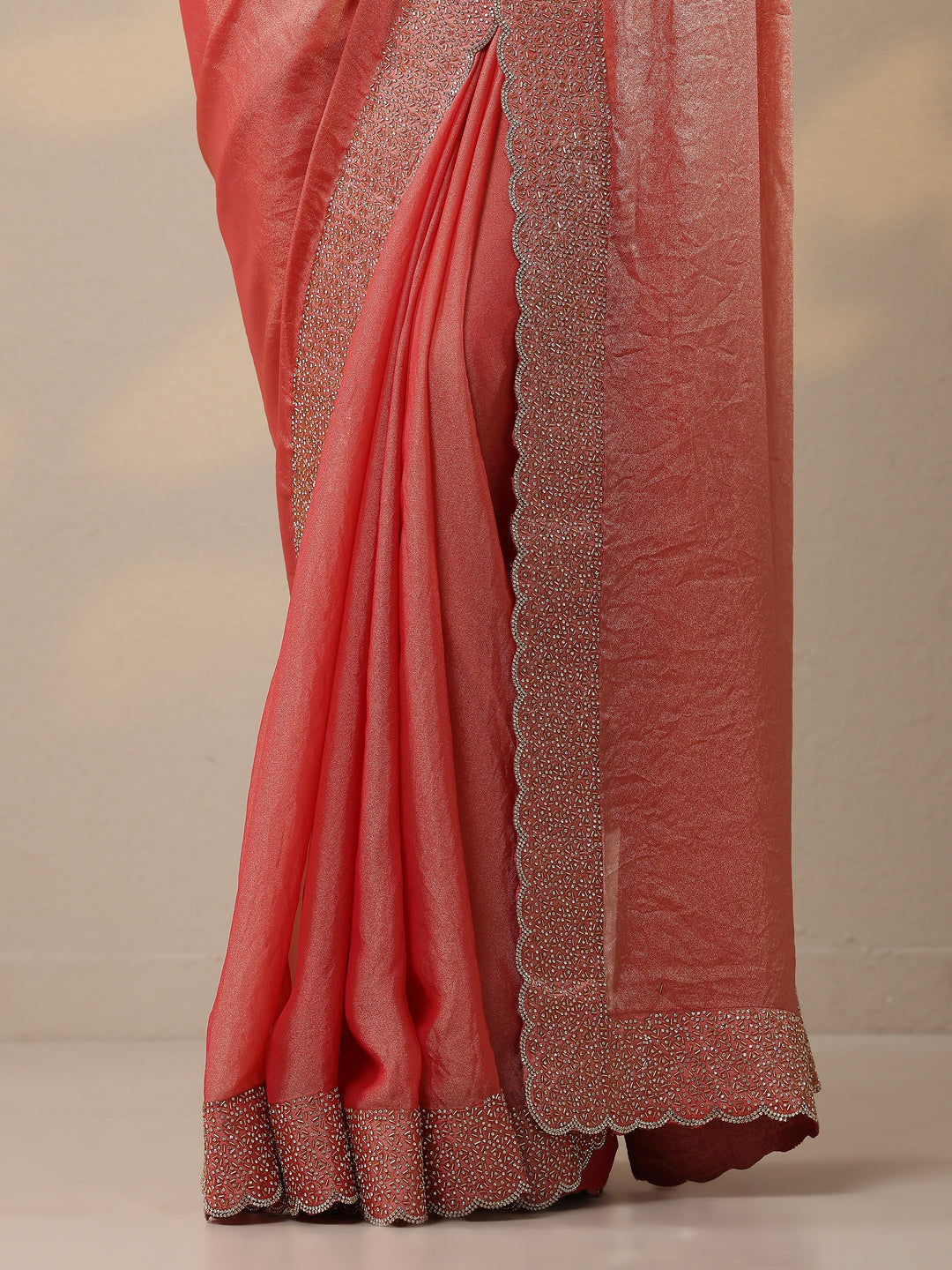  Coral Embellished Organza Sarees With Unstitched Blouse Piece 