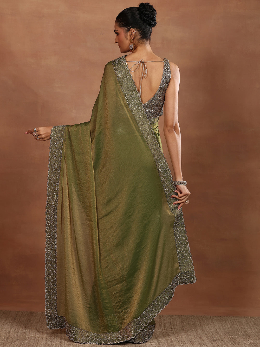  Green Embellished Organza Sarees With Unstitched Blouse Piece 