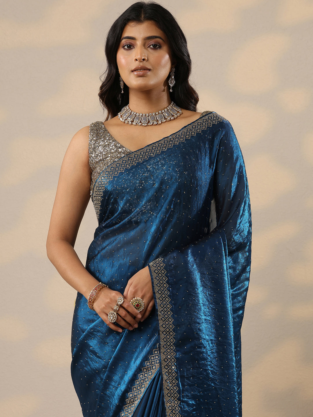  Navy Blue Embellished Organza Sarees With Unstitched Blouse Piece 