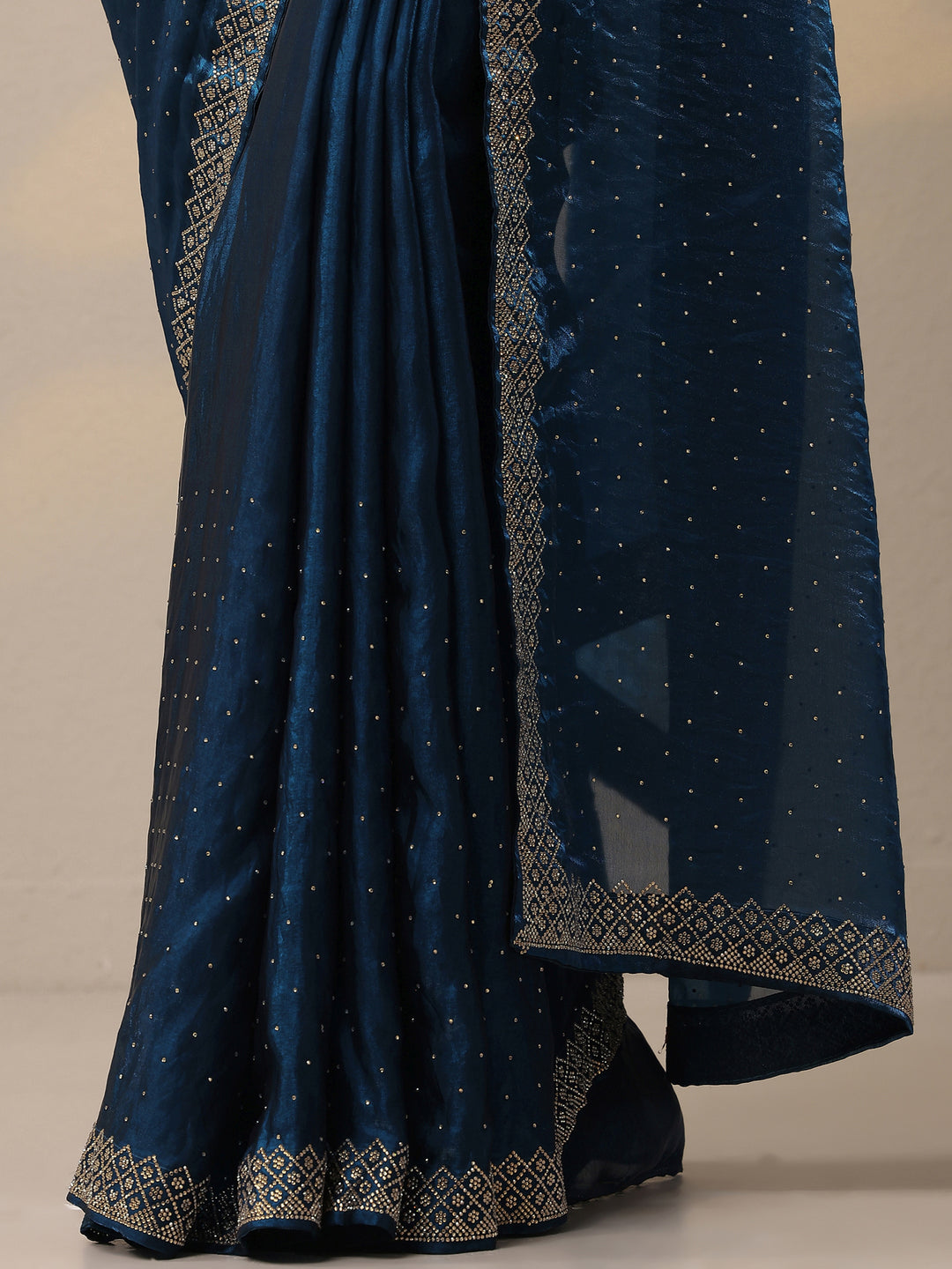  Navy Blue Embellished Organza Sarees With Unstitched Blouse Piece 