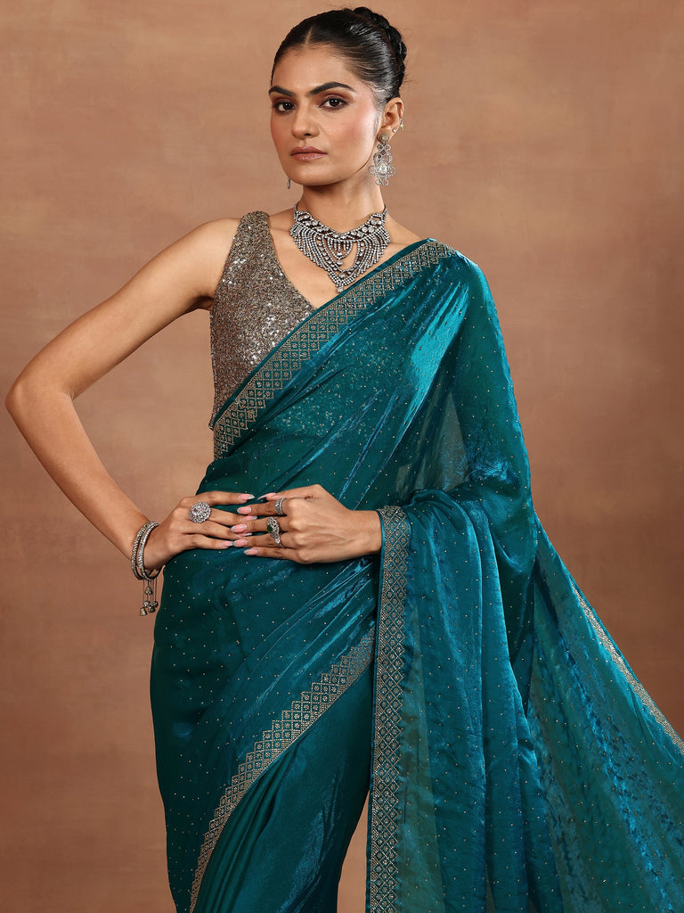 Libas Blue Embellished Organza Sarees With Unstitched Blouse Piece